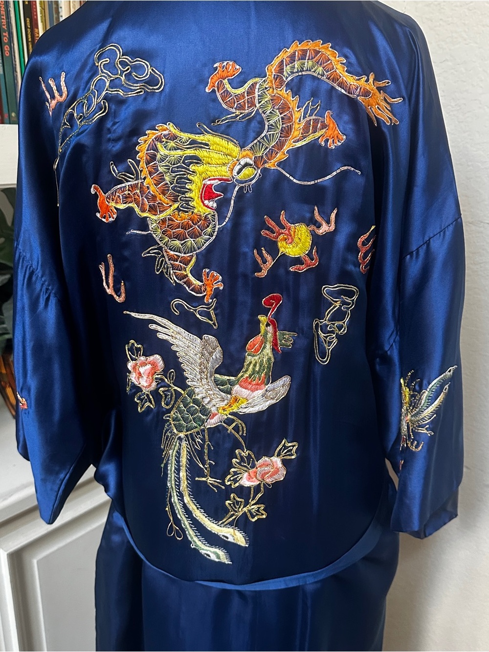 Embroidered Royal Blue Silk Robe - Picture 5 of 15